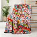 Qucover Cotton Quilted Throw Blanket, Soft Boho Quilt 59"x79", Bright Colorful Red, Orange, Pink and Blue Reversible Paisley Lightweight Quilts for Couch Sofa Beds