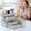 Makeup Organizer Countertop - Tempered Glass Vanity Organizer for Cosmetics, Skincare, Hair Tools, Brushes, Perfume - Multipurpose Bathroom Counter Skincare Organizer
