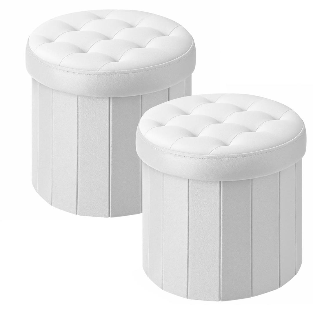 Bsketa Round Storage Ottoman, 14" Folding Velvet Foot Stool,White 2 Pack