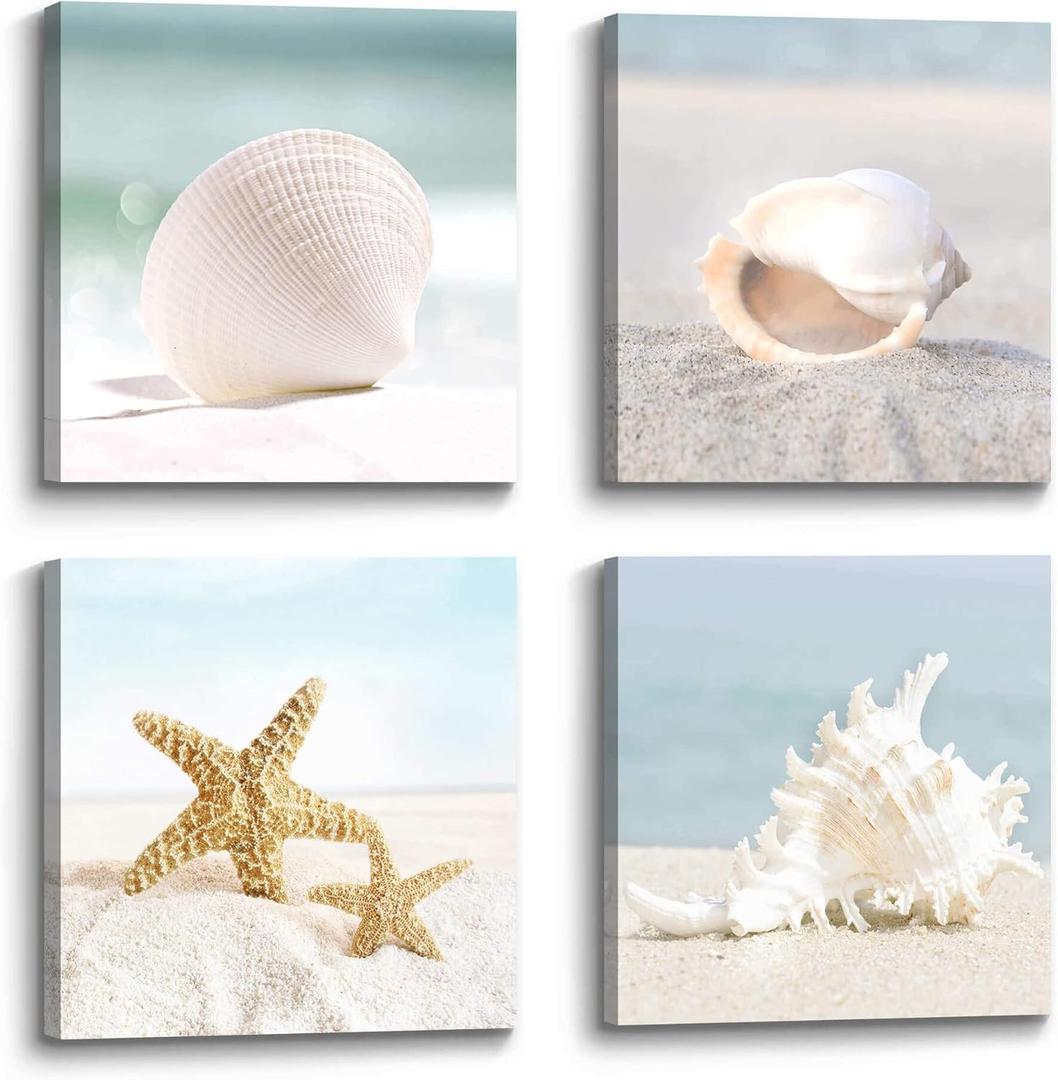 the stream design Beach Canvas Wall Art Bedroom: 4 Piece Living Room Bathroom Coastal Sea Creature Picture Modern Ocean Life Print Decor Calming Seaside Starfish Seashell Conch Painting Artwork