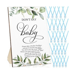 Geetery 51 Pcs Don't Say Baby Game Sign Greenery Cool Baby Shower Game 50 Pacifier Necklace Wooden Don't Say Sign Plastic Pacifier Party Favor for Gender Reveal(Greenery,Blue)
