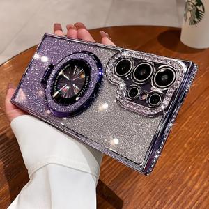Magnetic Kickstand (Glitter Diamond Bumper) Case for Samsung Galaxy S25 S24 S23 S22 Ultra Plus (Compatible with Magsafe) Sparkling Cover Shiny Rhinestone Cases (Purple,for Galaxy S25)