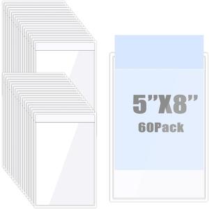 60 Pack Adhesive Pockets Clear Plastic Sleeves Shop Ticket Holders Bulk Top Load Label Storage Bin Index Card Pockets for Home Office Library Posting Sign (5 x 8 Inch)