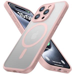 2 Pcs CellEver Strong Magnetic Case for iPhone 15 Pro [Attachable to Iron Surfaces] [Full Camera Protection] [Lightweight + Protective] Compatible with MagSafe, Translucent Cover, Pink