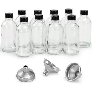 10 Pack, 4 oz Small Clear Glass Bottles w/Lids & 3 Stainless Steel Funnel - 120ml Boston Round Sample Bottle for Potion, Juice, Ginger Shot, Wellness, Oils, Whiskey, Liquids - Leakproof Travel Bottle