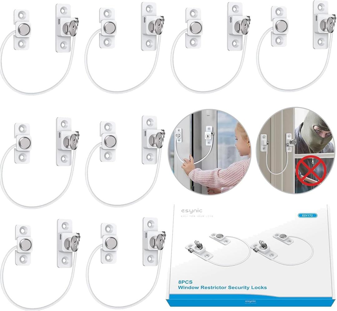 eSynic 8Pack Durable Window Restrictor Child Safety 185mm/7.3 Inch Wire Long Window Locks for UPVC Window Safety Restrictors with Key Relieable Window Security Locks Perfect for Home Office Safety etc
