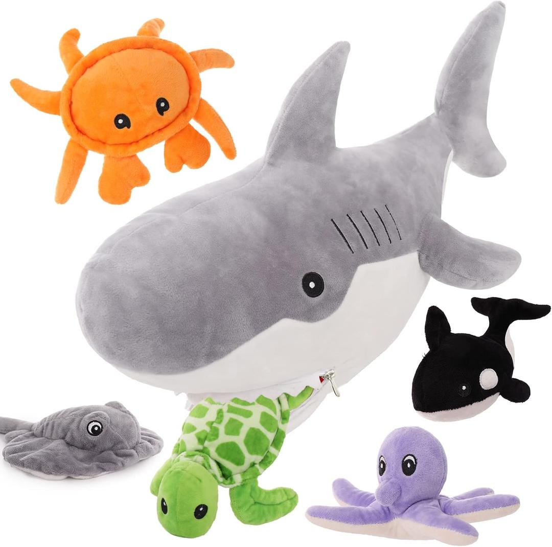 Muiteiur 23" Shark Stuffed Animal Set, Soft 5in1 Ocean Creature Plush, Large Whale Shark Plush Toy Gift for Kids, Girls, Boys, Birthday