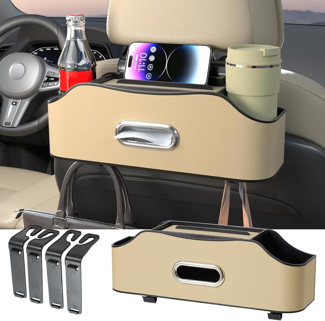 Back Seat Cup Holder for Car Multifunctional Rear Seat Organizer with Drink Holders, Tissue Box Storage & Hooks, Fits Headrest for Auto, Family Travel Accessories. (Beige)