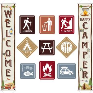Blulu Camping Themed Party Decorations Set, Big Size Laminated Sign Cutouts, Camping Party Banner Welcome Porch Sign for Themed Birthday Decorations