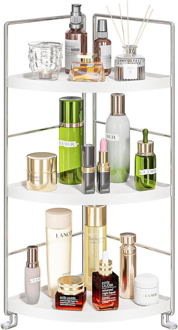 3-Tier Corner Spice Rack Kitchen Bathroom Countertop Organizer Vanity Tray Cosmetic Makeup Storage Standing Shelf, White