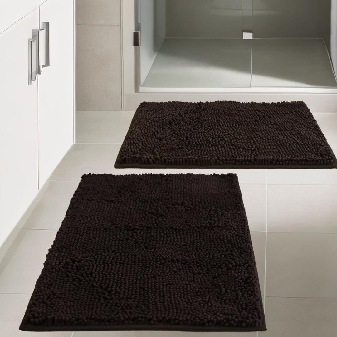 Bathroom Rugs Chenille, Extra Thick and Absorbent, Non-Slip, Machine Washable, Dry Quckily, Soft Cozy Plush, Used Under Shower Bathtub and Sink, Bath Mat Sets 5050U+5080 Coffee (16 x 24 inch + 20 x 32 inch (Rectangular))