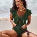 Sovoyontee Women's Ruffle One Piece Swimsuit Tummy Control Bathing Suits Drawstring Cutout V Neck Swimwear (S)