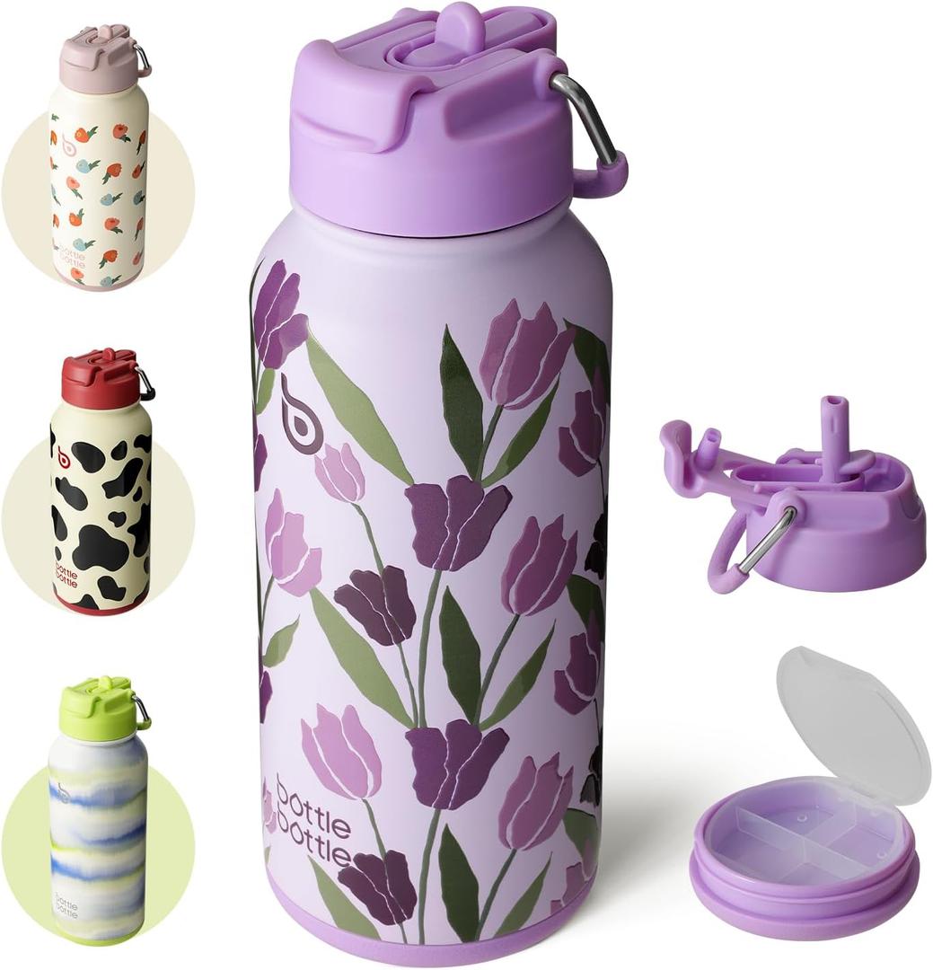 BOTTLE BOTTLE 32oz Insulated Water Bottle Stainless Steel Sport Water Bottle with Straw Dual-use Lid Design for Gym with Pill Box (Purple Tulips)