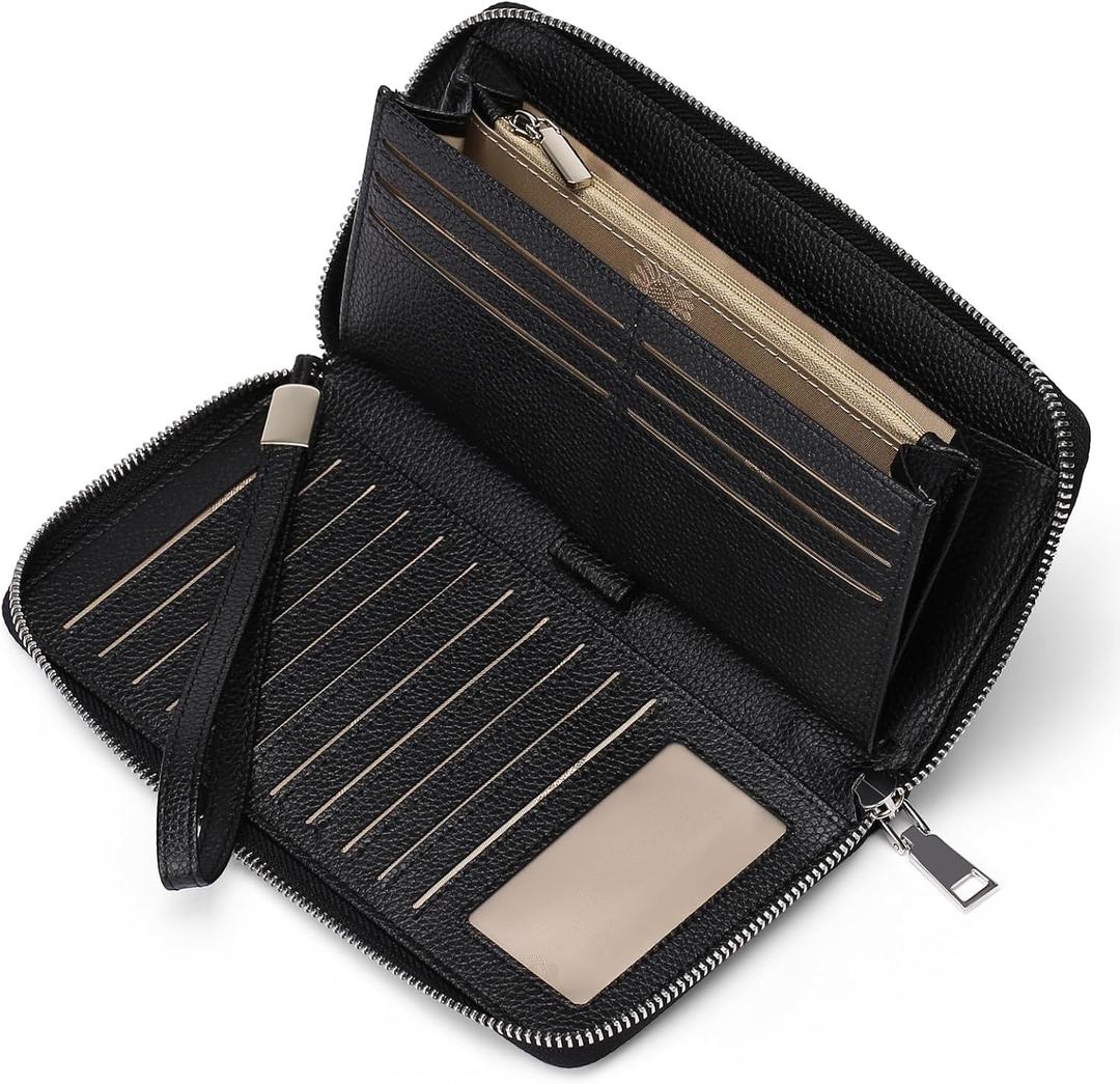 GOIACII Womens Wallet RFID Blocking Leather Zip Around Wallet Large Capacity Long Purse Credit Card Clutch Wristlet (A01 Black)