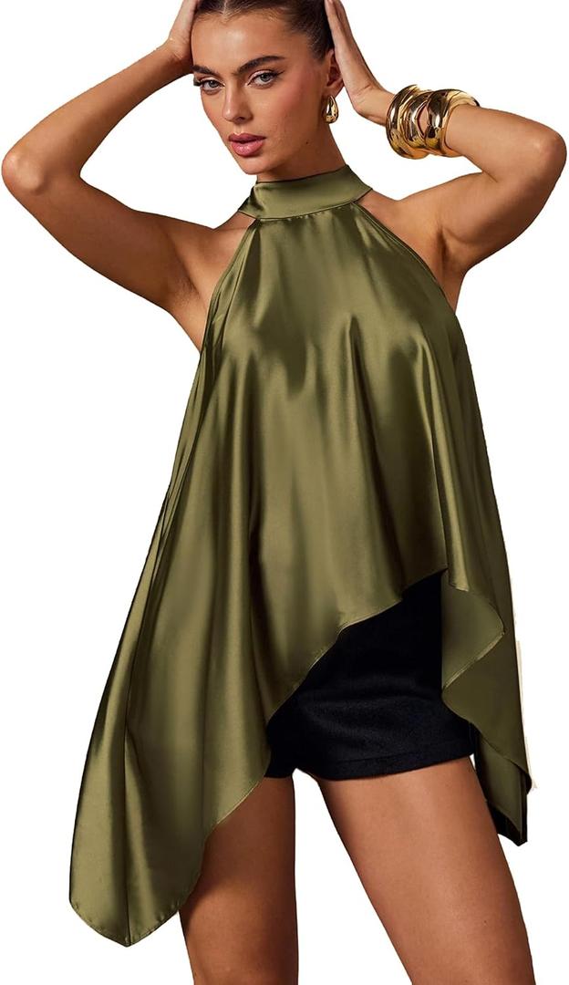 OYOANGLE Women's Halter Neck Sleeveless Top Flowy Asymmetrical Hem Summer Going Out Satin Blouse Shirt Club Wear (Green, M)