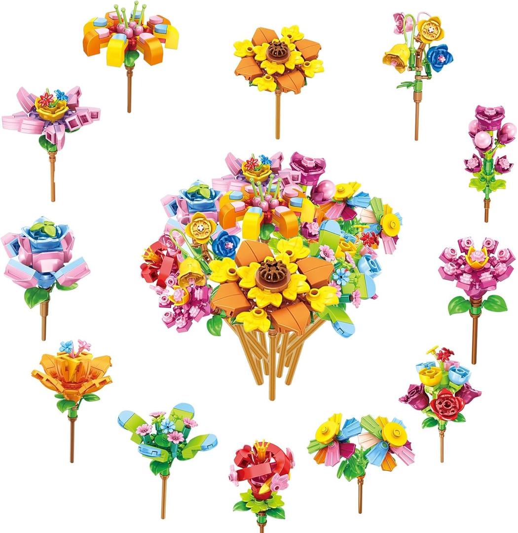 Valentine's Day Gifts for Kids Classroom - 12 Packs Flower Bouquet Building Kit, Fun STEM Activity for School Valentine Exchange, Favors for Boys Girls(styleA#)
