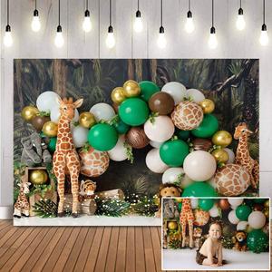 Jungle Kids Cake Smash Backdrops Safari Animals Balloons Baby Birthday Party Background Woodland Forest Portrait Photography Background Adventure Baby Photobooth Banner (7x5ft)
