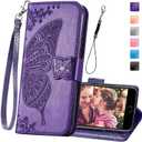 Wallet Case for iPhone SE 2020/SE 2022/iPhone 8/iPhone 7,Women Butterfly Embossed PU Leather Stand Card Slots Wrist Strap Flip Folio Cover for iPhone 6/6S/7/8/SE 2nd/SE 3rd Gen (Purple)
