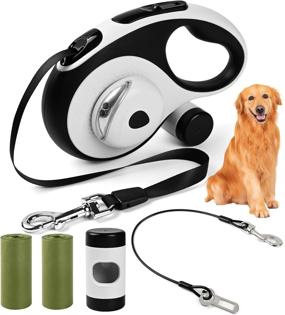 Heavy Duty Retractable Dog Leash for Large Dogs, 26ft Dog Leash with Poop Bag Holder, Up to 110lbs, chew Proof Cable, LED Light, 360 No-Tangle, One-Handed Pause & Locked. (White, M 16ft)