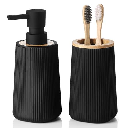 YAUKPH Bathroom Accessories Set 2 Piece Soap Dispenser and Toothbrush Holder for Bathroom Countertop Striped Black and Bamboo