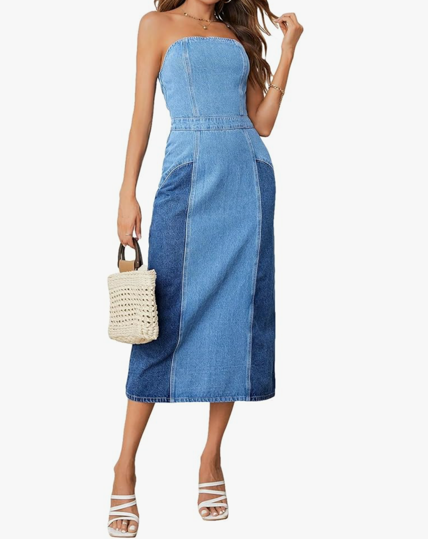 WDIRARA Women's Colorblock Strapless Tube Top Sleeveless Split Back Zipper Casual Denim Midi Dress S