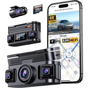 360 View 4K 4 Channel Dash Cam Front and Rear Inside Left Right, Built-in GPS, 5.8GHz WiFi, Car Dash Camera for Cars with App Connect, Support Parking Mode, G-Sensor, Free 128GB Card