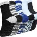 CaiDieNu Fuzzy Socks for Men with Grippers, Fluffy Slipper Socks Winter Warm Thick Home Hospital Cozy Non-slip Socks 5 Pairs (11-13, Striped Series)