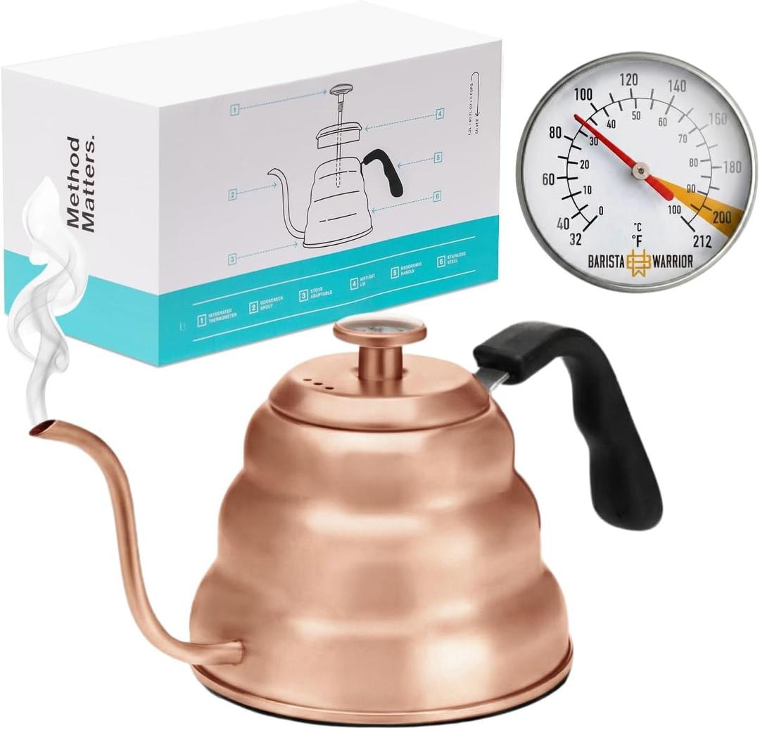 Barista Warrior Gooseneck Kettle with Built-In Thermometer for Pour Over Coffee & Tea - 1L Stainless Steel Kettle Stovetop Safe with Precision Spout - Copper Coated Stainless Steel