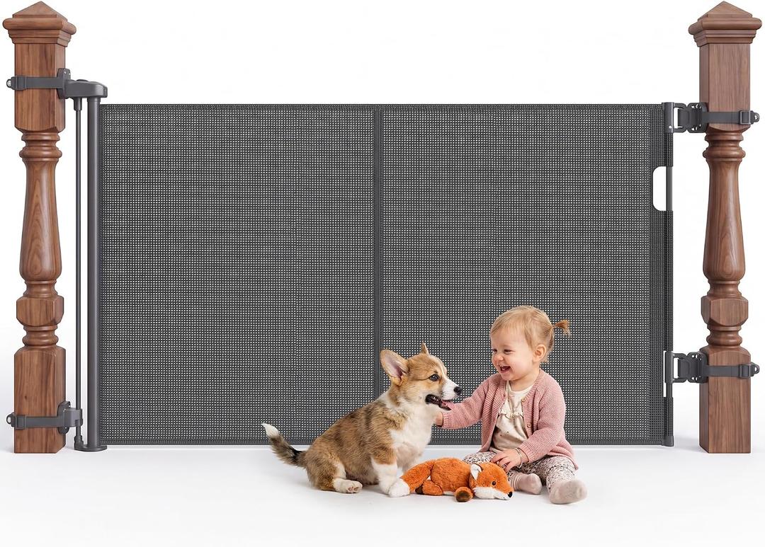 Retractable Baby Gate for Stairs & Banister, 55" Wide Mesh Dog Gate, One-Handed Dual Lock Safety Gate for Kids & Pets, Fits Round & Square Posts (Gray)