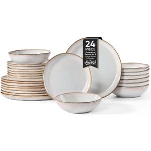 Herogo 24Pcs Plates and Bowls Dinner Set, Stoneware Dinnerware Dishes Sets for 8, Ceramic Dishware Tableware Includes Dinner Salad Plates, Soup Bowls, Microwave & Dishwasher Safe, Pearl White