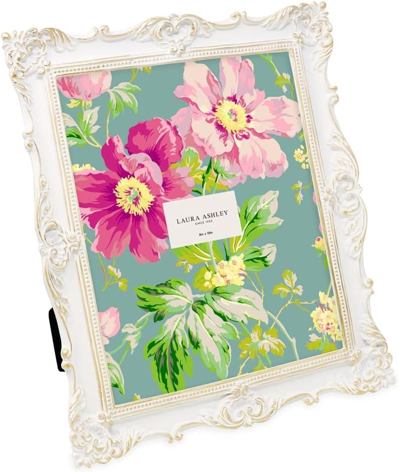 Laura Ashley 8x10 White & Gold Ornate Textured Hand-Crafted Resin Picture Frame w/Easel & Hook for Tabletop & Wall Display, Decorative Floral Design Home Dcor, Photo Gallery, Art (8x10, White/Gold)