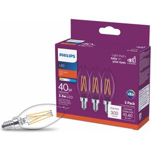 Philips LED Clear Non-Dimmable B11 Light Bulb - EyeComfort Flicker Free - 3.3W = 40W, 300 Lumen - Soft White (2700K) - E12 Base - Indoor - Pack of 3