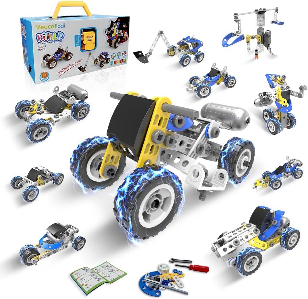 10 in 1 STEM Toys for 5 Year Old Boy, Building Toys for Kids Ages 4-8 5-7 6-8, STEM Engineering Construction Kit with Electric Motor, Educational Science Gift for 5 Year Old Boys (Blue)