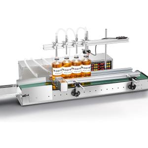 4-Nozzle Automatic Liquid Filling Machine Line 1-30 Ounce Bottle Filling Machine Bottle Filler with 35 Inch Belt Conveyor Desktop Version for Juice Wine Detergent