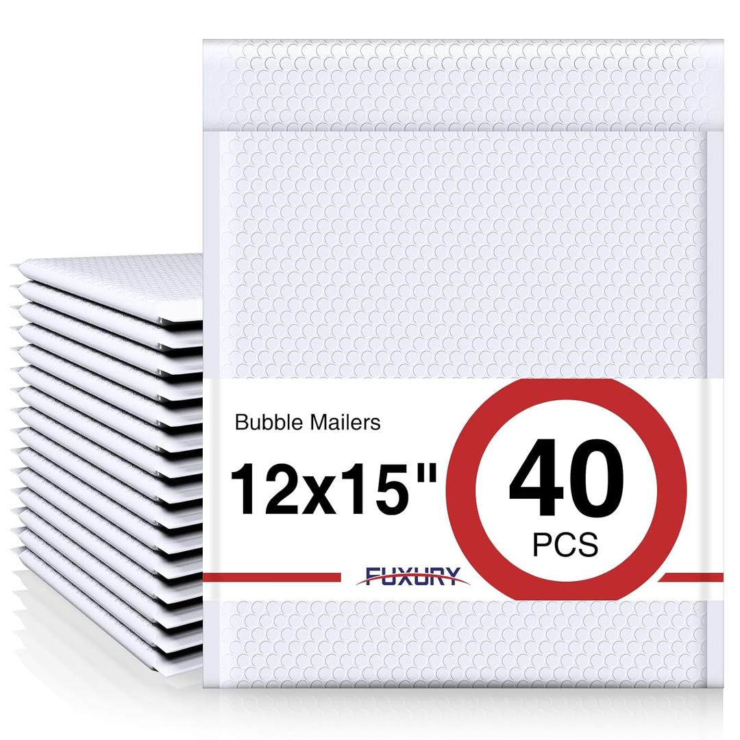Fuxury Bubble Mailers 12x15" White Padded Envelopes 40 Pack Large Bubble Mailer Strong Adhesion Padded Mailer,Self-Seal Envelope for Mailing Small Business,Magazine,Clothing