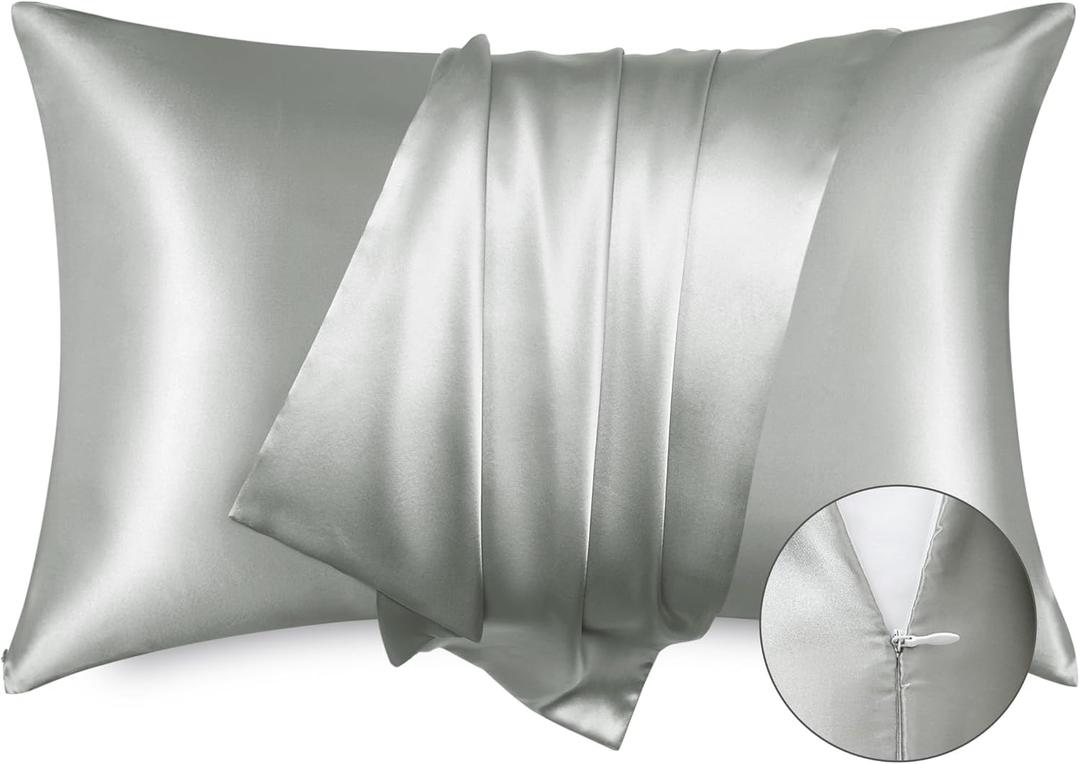 Bedsure Satin Pillowcase with Zipper, Similar to Silk Pillow Cases 2 Pack, Grey Satin Pillow Cases Standard Size, Silky & Soft Pillow Covers for Hair and Skin, Gifts for Women Men, 20x26 Inches