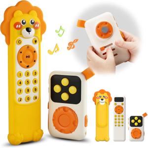 Montessori TV Remote Toys with Silicone Case & MP3, Teething Baby Toys 18 Months with Light & Sound for 1 2 Year Old, Car Seat Airplane Travel Infant Toddler Birthday Gifts Boys Girls