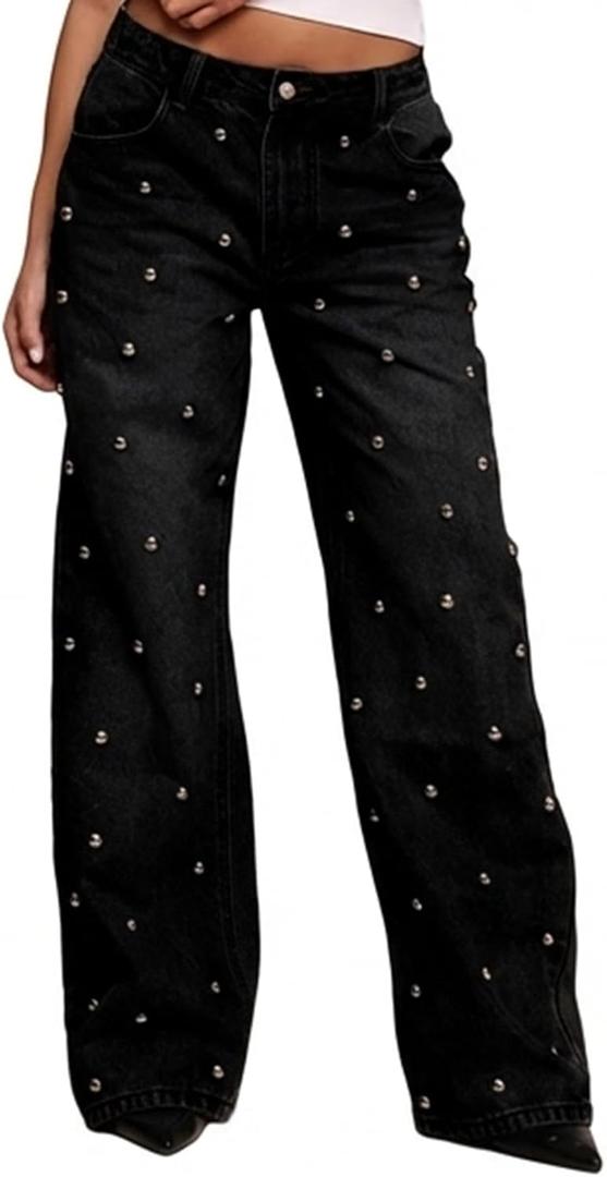 Tbahhir Sparkly Jeans for Women High Waist Wide Leg Bling Glitter Studded Baggy Denim Pants Trendy Trouser with Pockets (Black, XL)