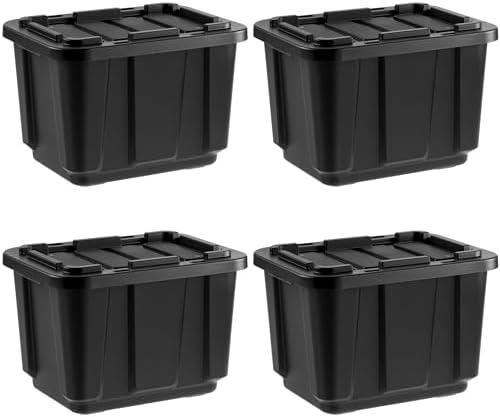 IRIS USA 12 Gallon Heavy Duty Truck Bed Toolbox Storage Tote Bins with Lids, 4 Pack - Made in USA, Tough Snap On Lockable Lid Stackable Industrial Rugged Tubs, Garage Organization Box - Black