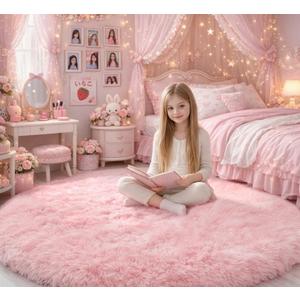 Pink Fluffy Round Rug 5Ft for Girls Bedroom Decor Aesthetic, Shaggy Circle Area Rugs for Kids Room Living Room, Cute Fuzzy Carpet for Nursery, Dorm, Classroom, Teen, Princess, Comfy Baby Playroom Rug