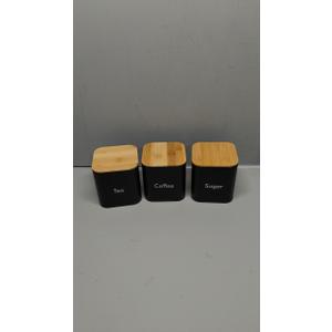 Juvale Coffee Tea Sugar Container Set - Black Iron Kitchen Canister Set with Bamboo Lids (3 Pieces, 48 oz)