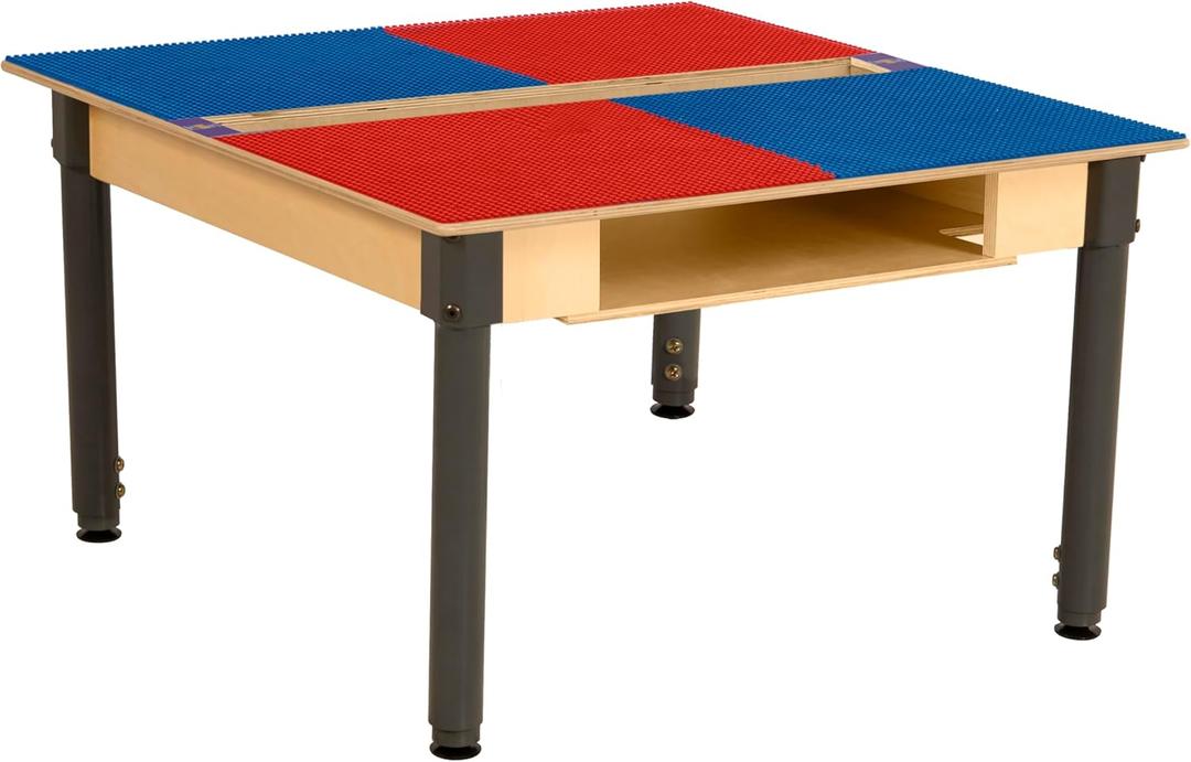 Time-2-Play Kids Play Table Lego Compatible Building Blocks Table with Large 35 x 31 Surface Birch Plywood Table Top with Trough & Shelf 18-29 Adjustable Legs (Red & Blue)