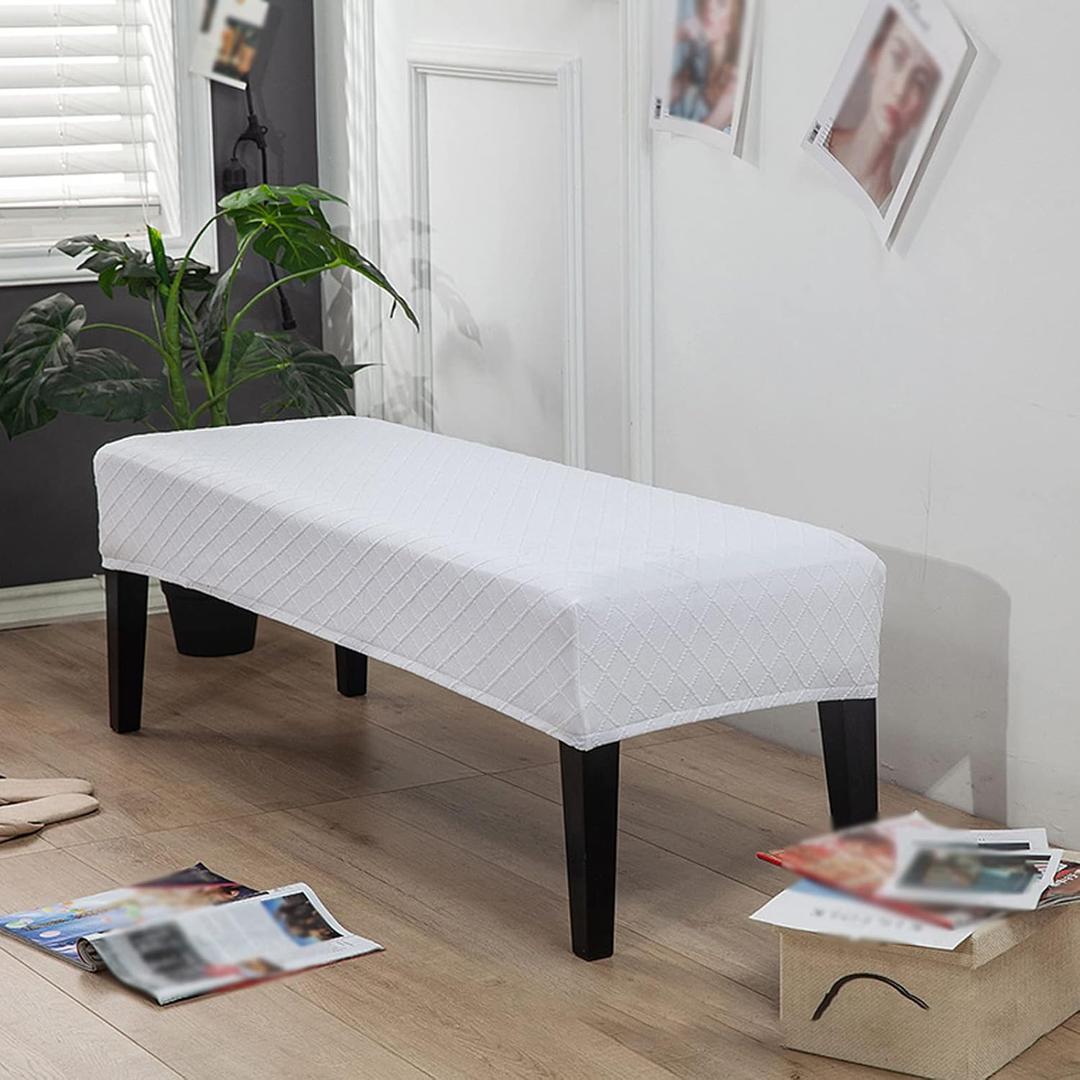Rectangle Bench Covers, Removable Dining Chair Cover, Soft Fit Universal Stretch Bench Chair Slipcovers, Anti-Dust Washable Jacquard Seat Protector for Bedroom, Living Room, Kitchen(Plaid White) (1pc)
