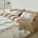 YuHeGuoJi Beige Floral Duvet Cover Queen 100% Cotton 3 Pcs Set 1 Khaki Botanical Duvet Cover with Zipper Ties 2 Pillow Shams Honeybee Taupe Flower Honeybee Print Wide Trim Bedding Set Soft