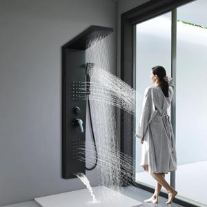 Black Shower Panel Modern Shower Tower System with Full Body Shower Jets System Handheld Spray Wall Mount Shower Panels Faucet