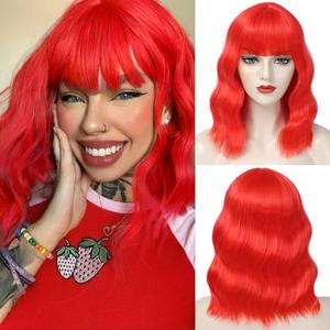 Red Short Bob Wig with Bangs for Women Loose Wavy Wig Curly Wavy Shoulder Length Synthetic Bob Wigs for Girl Halloween Costume Cosplay Daily Use, Red 