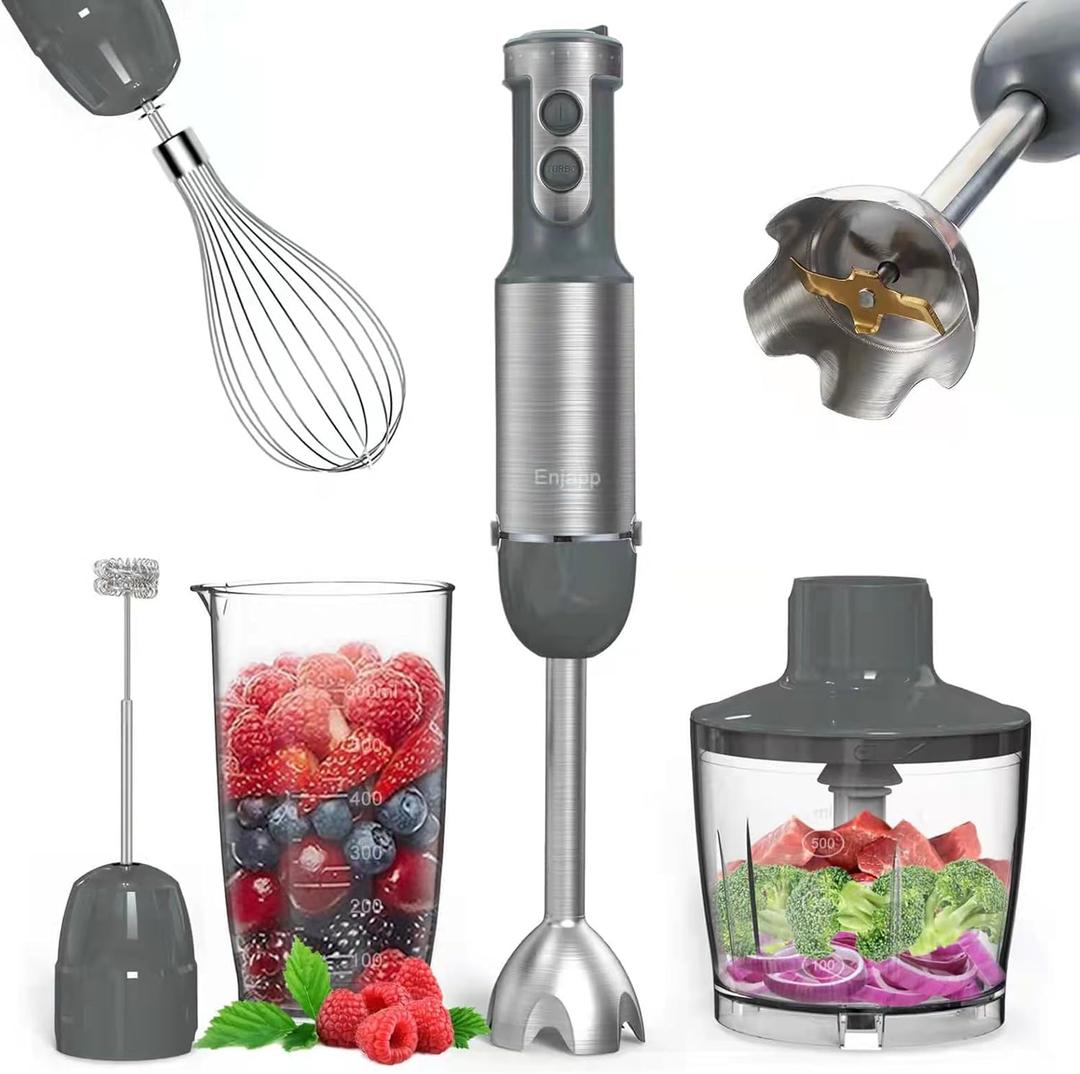Multi-Functional 5-in-1 Hand Blender Stick Blender Milk Frother Egg Whisk with Adjustable Speeds 500ml Food Grinder/ 600ml Container