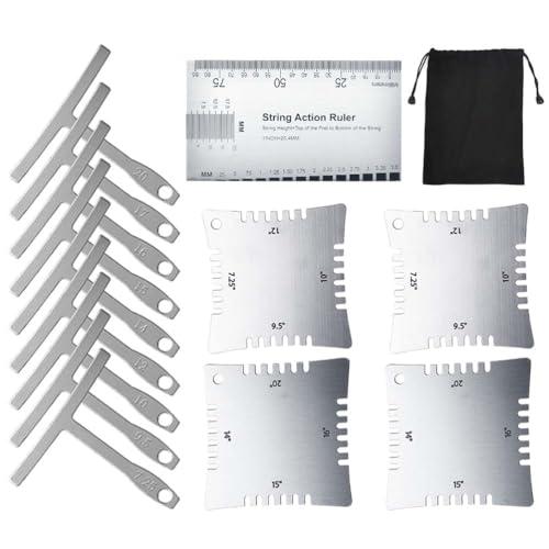 TIMESETL 14Pcs Guitar Luthier Tools Set Including Understring Guitar Radius Gauge, String Action Ruler Gauge, Guitar Notched Radius Gauges Guitar Set Up Tool Kit for Guitar and Bass Setup
