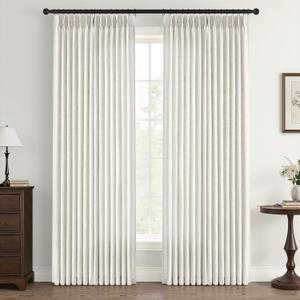 102 Inch Long Curtains Pinch Pleat Linen Curtains for Living Room Bedroom 2 Panels Natural Thick Linen Textured Light Filtering Semi Sheer Pleated Drapes Hooks Rings Back Tab for Window Sliding Door