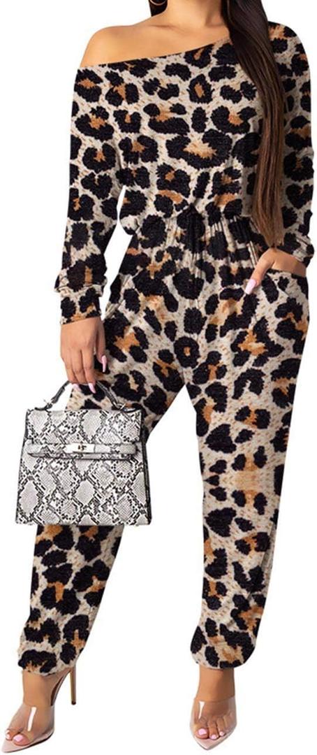xxxiticat Women's Off Shoulder Camo Jumpsuit Long Sleeve Drawstring Waist Plaid Leopard Print Club Casual Rompers (S)